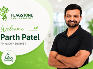 Welcome banner featuring physiotherapist Parth Patel at Flagstone Family Practice. The design includes a bright green and white healthcare theme with a professional portrait of Parth Patel smiling with folded arms against a modern clinic background. The banner displays the Flagstone Family Practice logo and the text 'Welcome Parth Patel – Physiotherapist' in a clean, contemporary landscape layout.