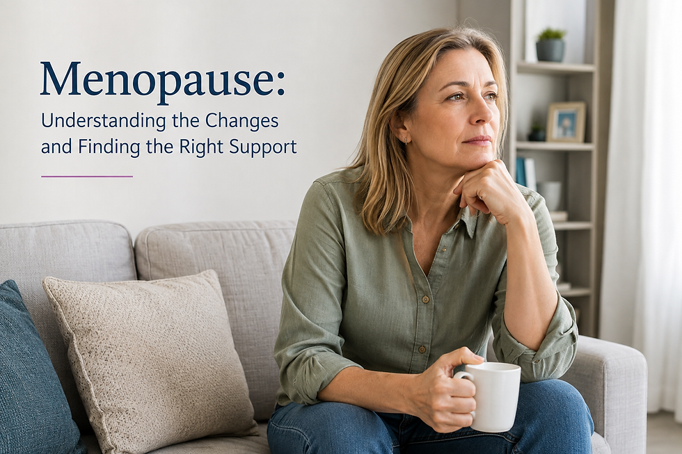 Middle-aged woman sitting on a sofa at home, representing menopause and women’s health support. Text reads “Menopause: Understanding the Changes and Finding the Right Support.