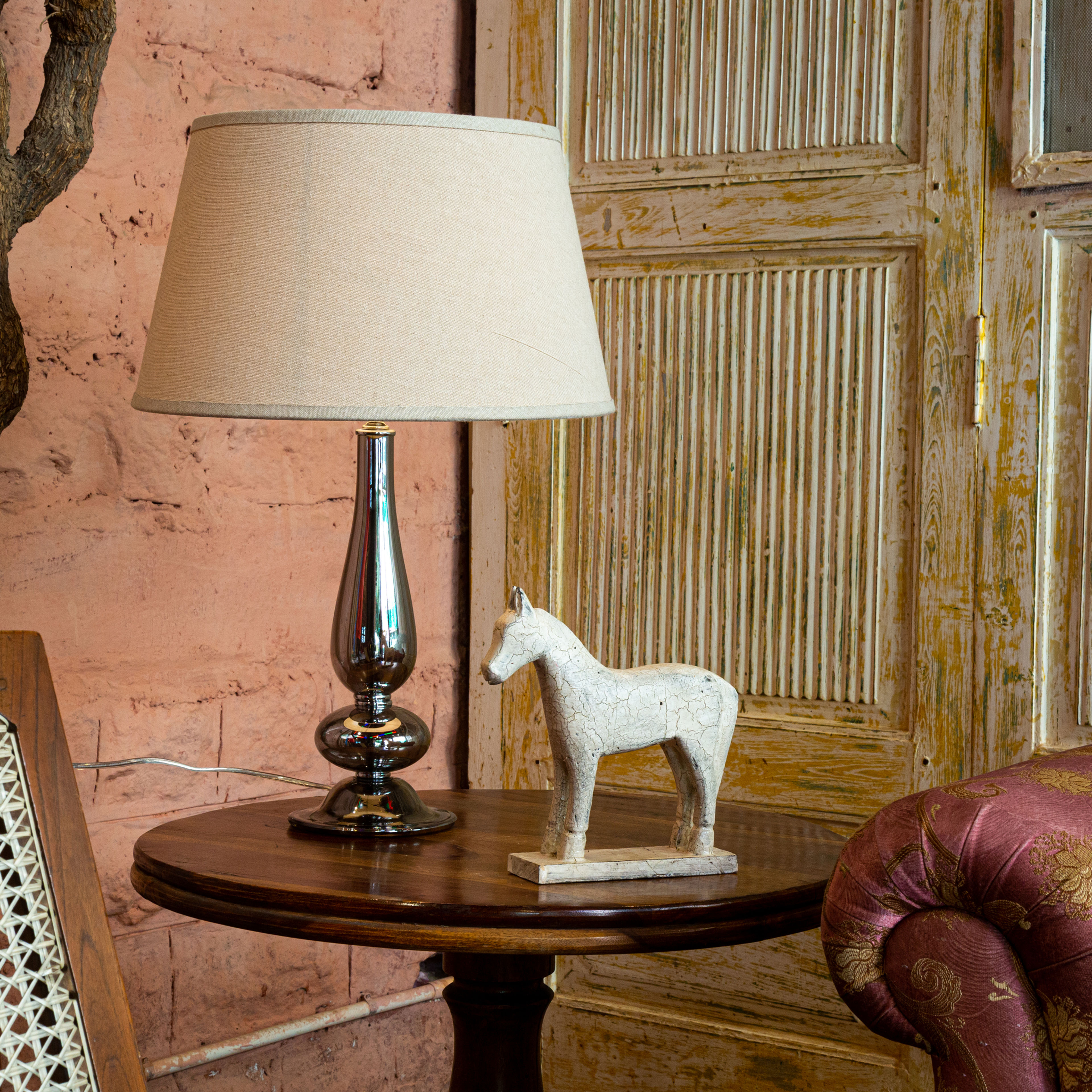 Handmade Wooden White Horse on Stand