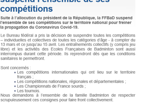 ANNULATION TOUTES COMPETITIONS ET ENTRAINEMENTS jusqu'au 15 AVRIL