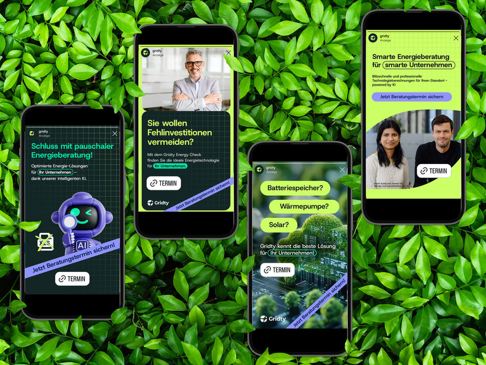 Social-Media-Anzeigenserie von Gridty zur smarten Energieberatung für Unternehmen, dargestellt auf mehreren Smartphones mit grünen, modernen Designmotiven und Call-to-Action zur Terminbuchung.