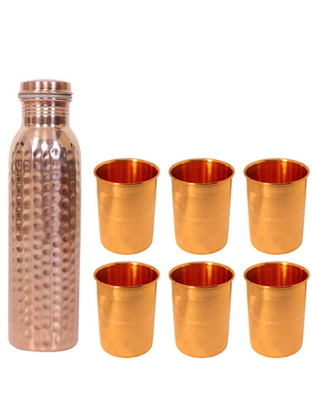 Hammered Copper Bottle And Six Emboss Copper Glasses
