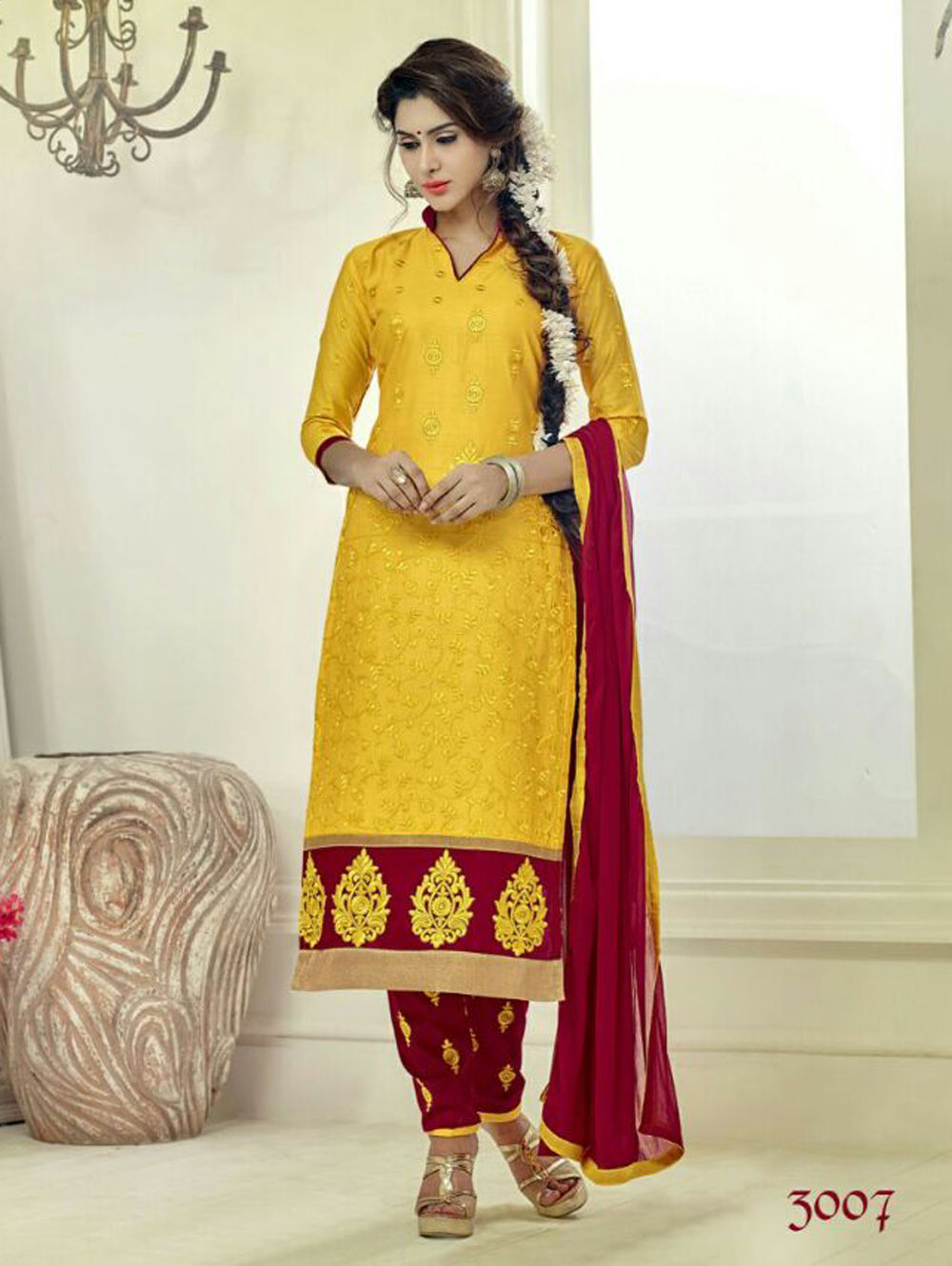 3007Yellow and Maroon Embroidered Glace Cotton Daily Wear Straight Suit