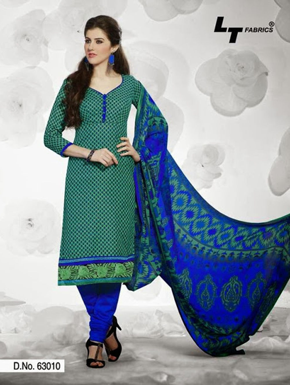 63010 Sea Green and Blue Cotton Straight Suit