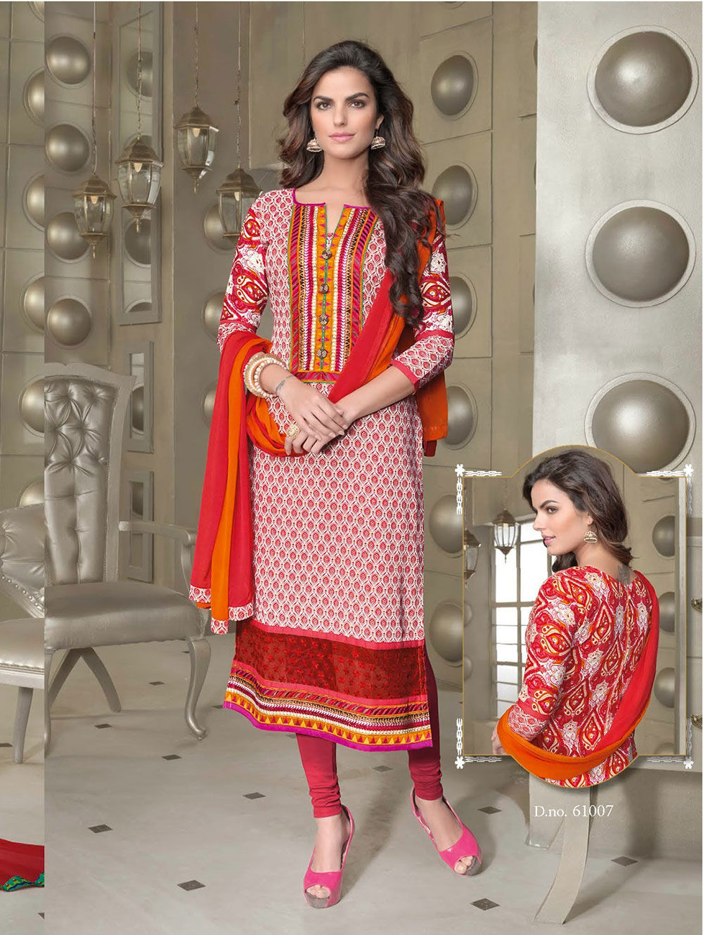 61007Red White and Orange Cotton Party Wear/Daily Wear Straight Suit