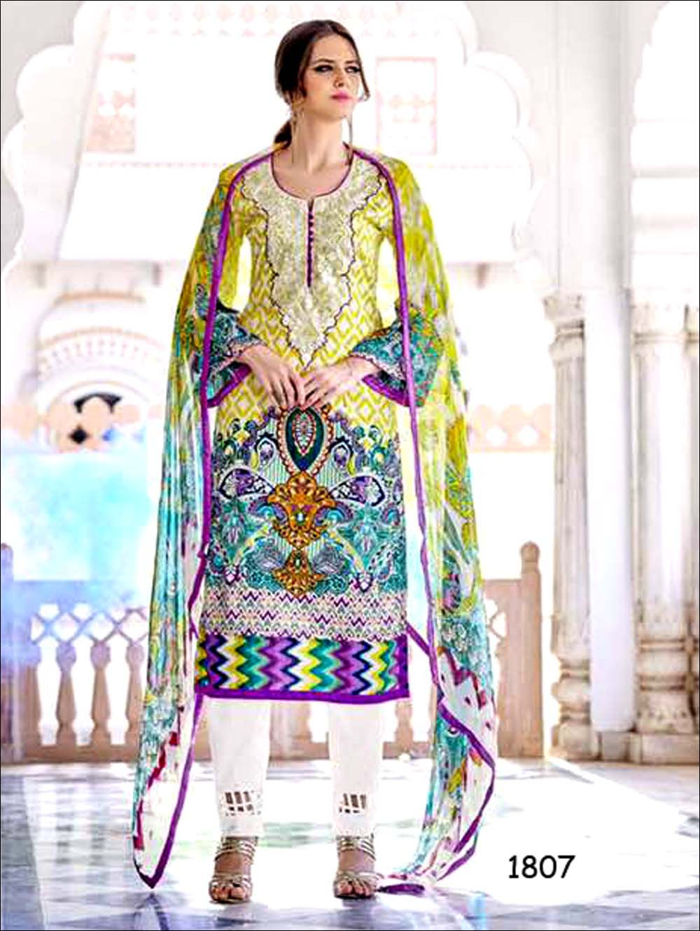 1807YellowGreen and Multicolor Designer Straight Suit