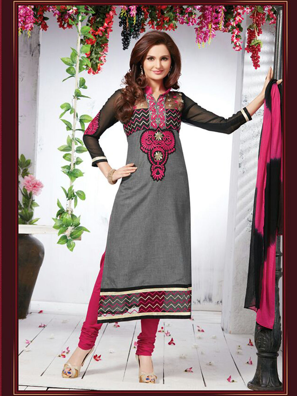 1109 Gray and Magenta Cotton Straight Suit