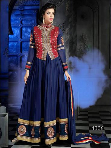 4006 Dark Red and Dark Blue Semi-stitched Designer Suit