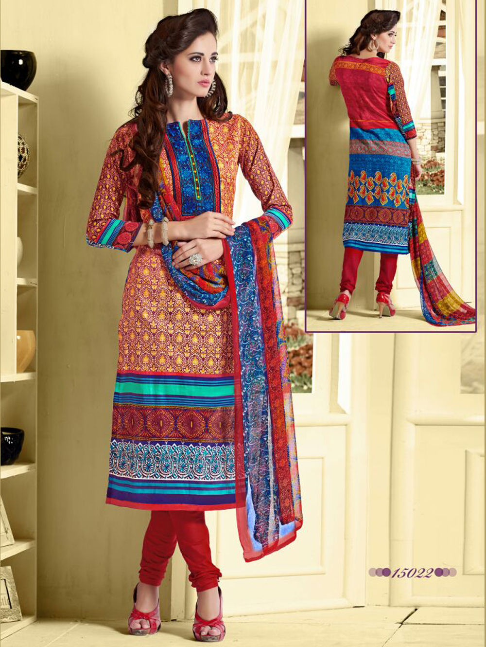 15022 Multicolor and Red Cotton Satin Straight Suit