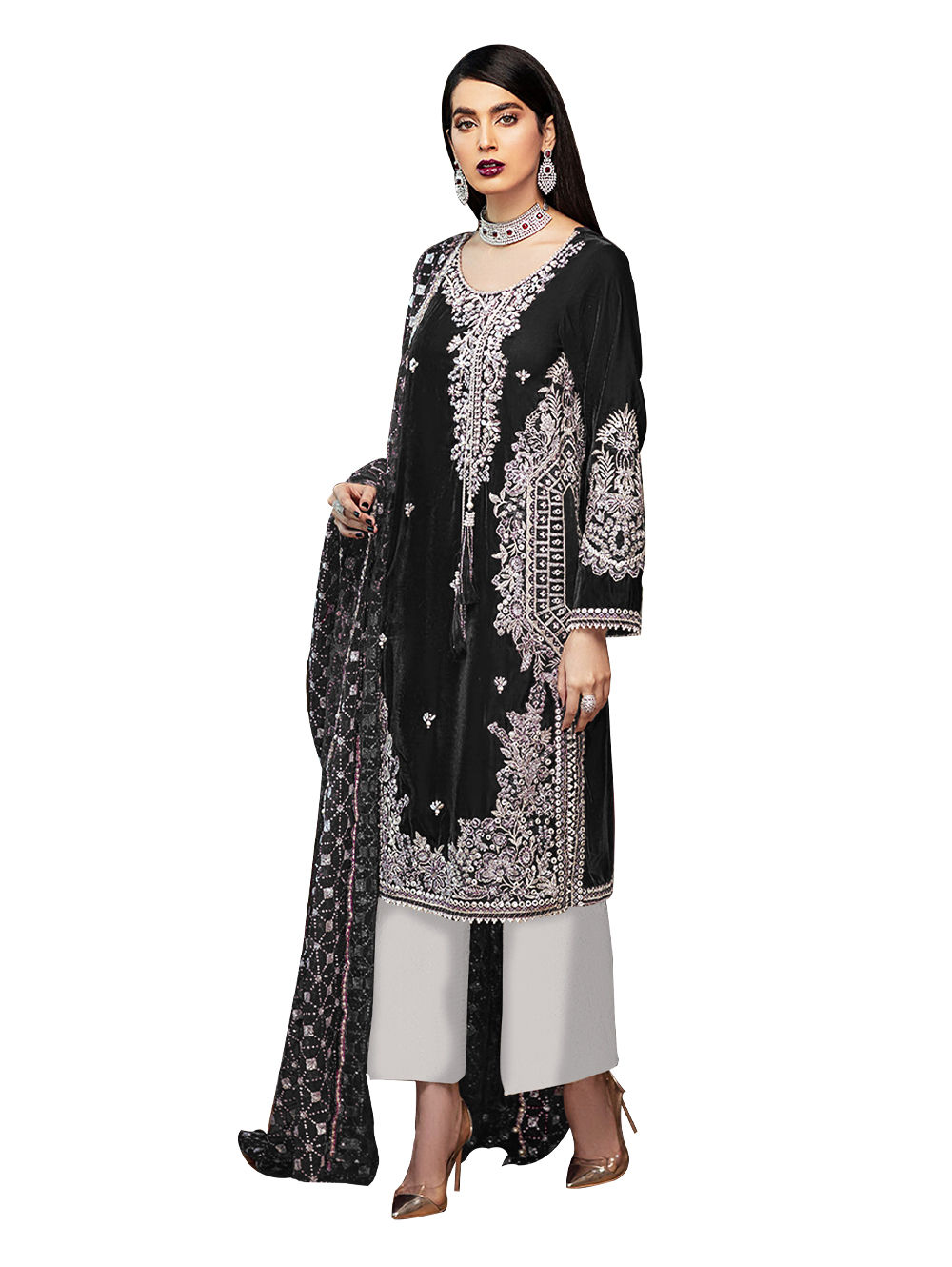 Black Heavy Faux Georgette With Embroidery
