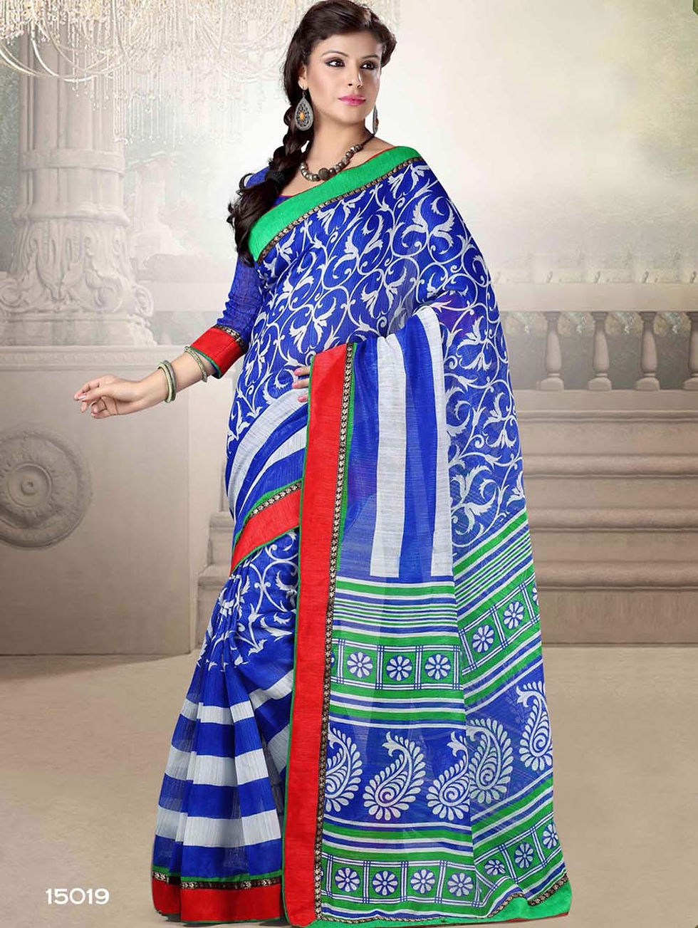 15019 Blue and White Cotton Saree