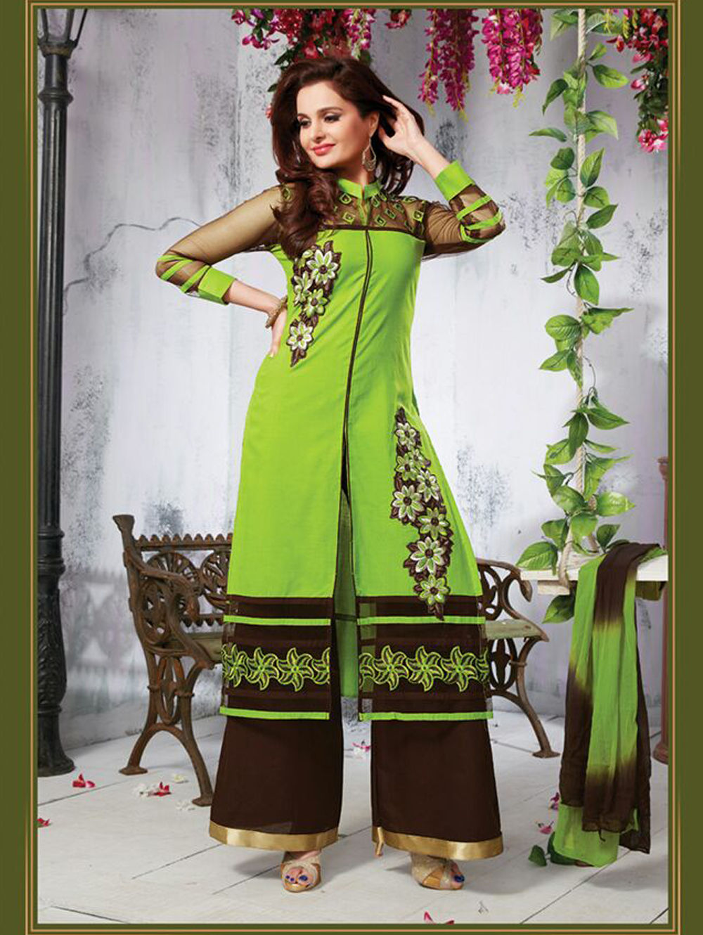 1102 Green Yellow and Bistre Brown Daily Wear Cotton Straight Suit