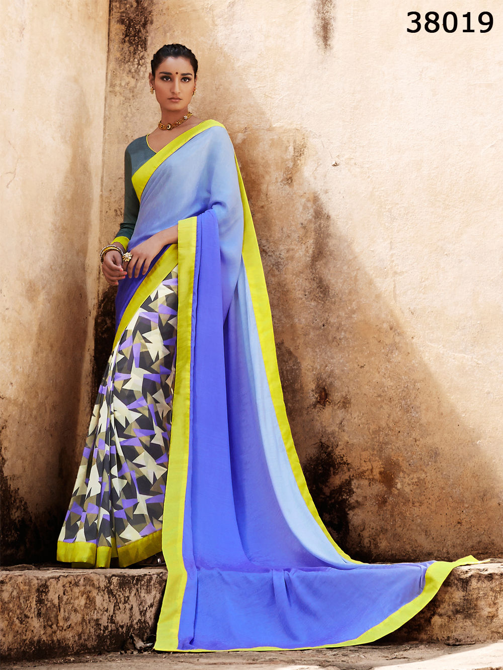 38019Purple and Lemon Satin Georgette Saree