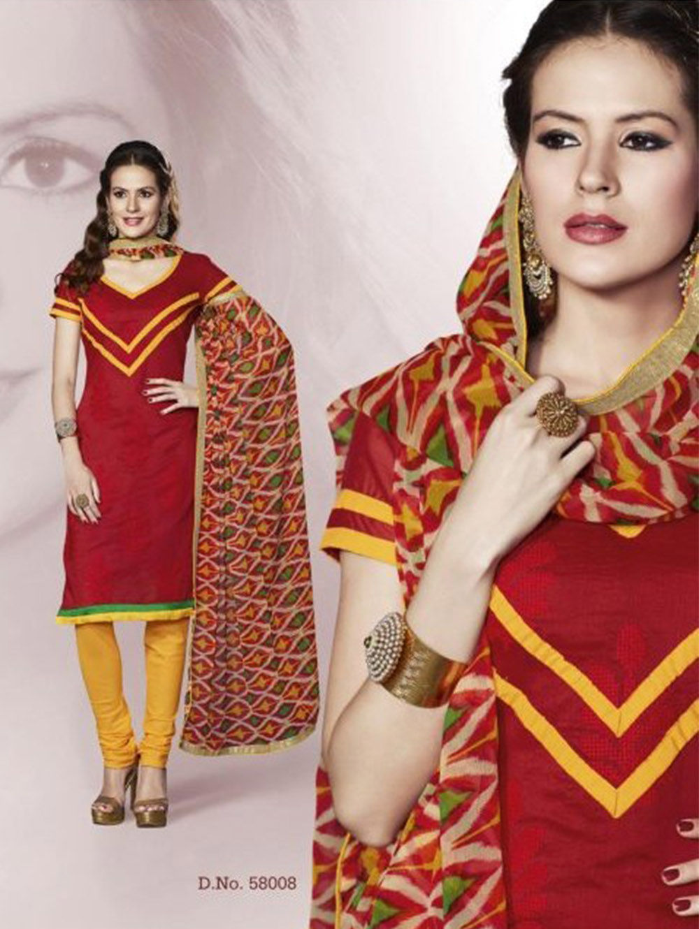 58008 Red and Yellow Chanderi Chudidar Suit
