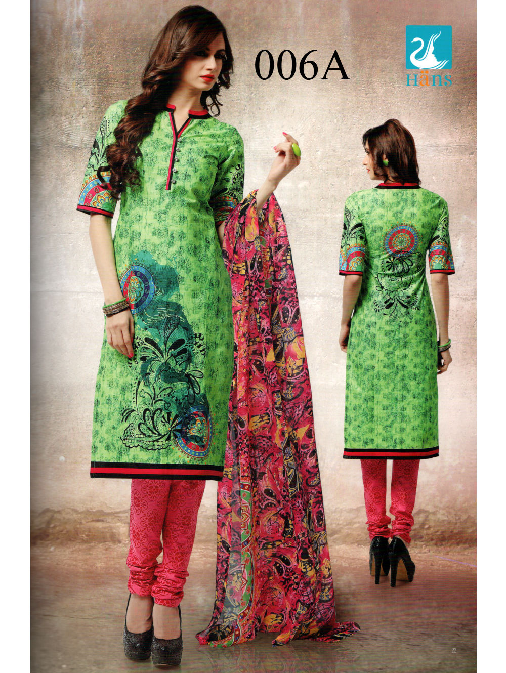 006A ParrotGreen and HotPink Lawn Cotton Chudidar Suit