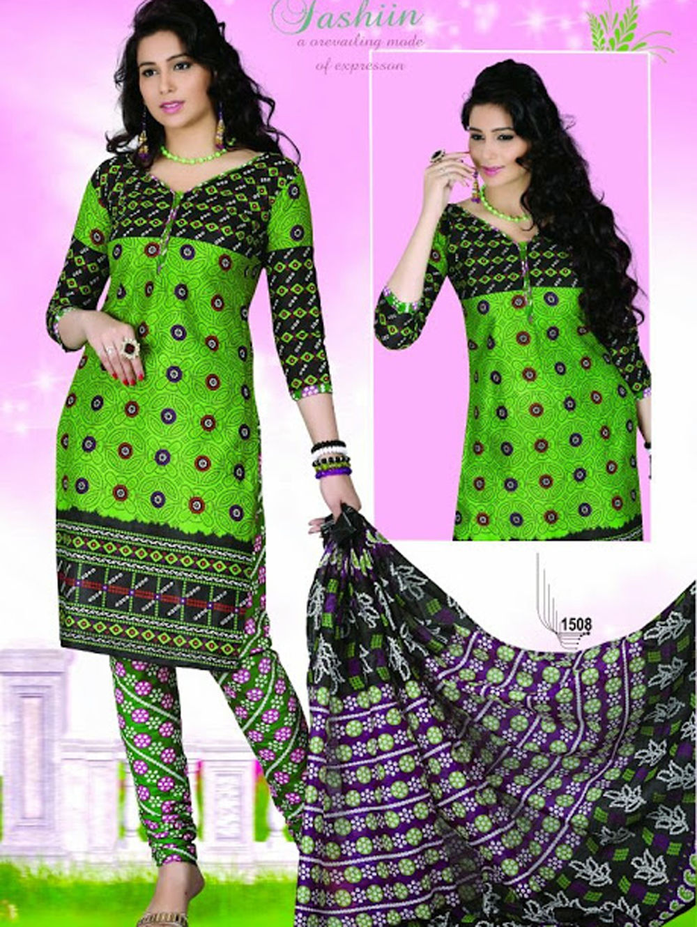 1508 Parrot Green and Black Chudidar Suit