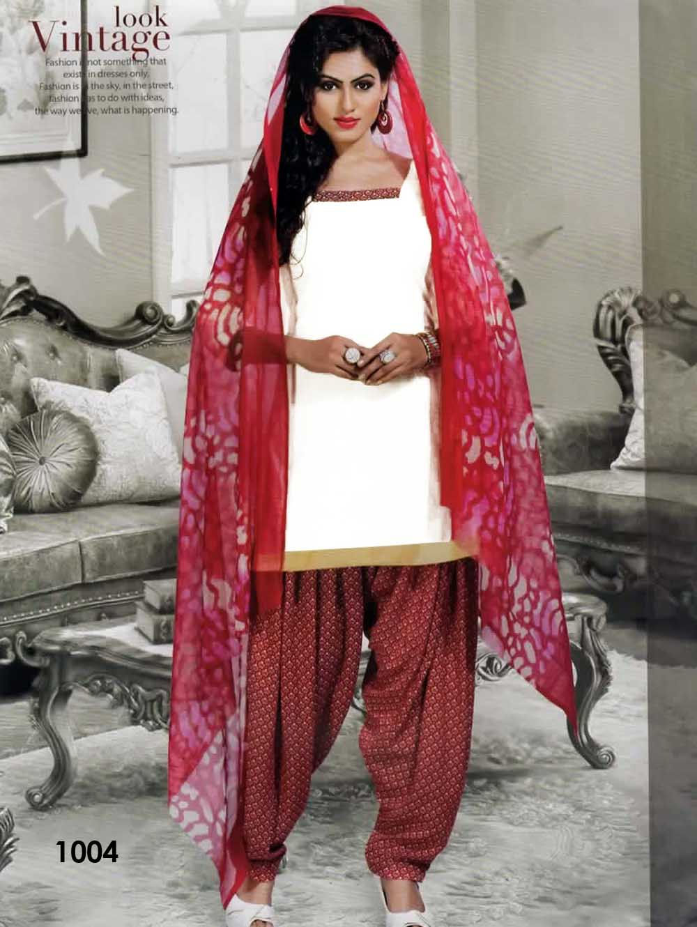 1004 White Colored Mix Cotton Patiala Suit