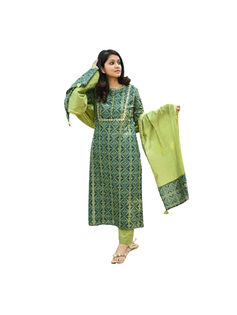 Green Printed Kurti With Pant And Dupatta