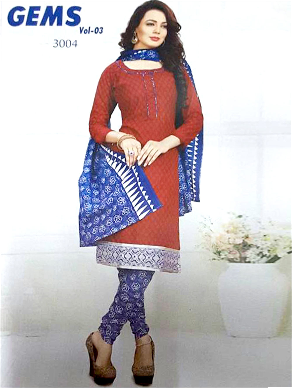 3004Red And Blue Designer Straight Suit