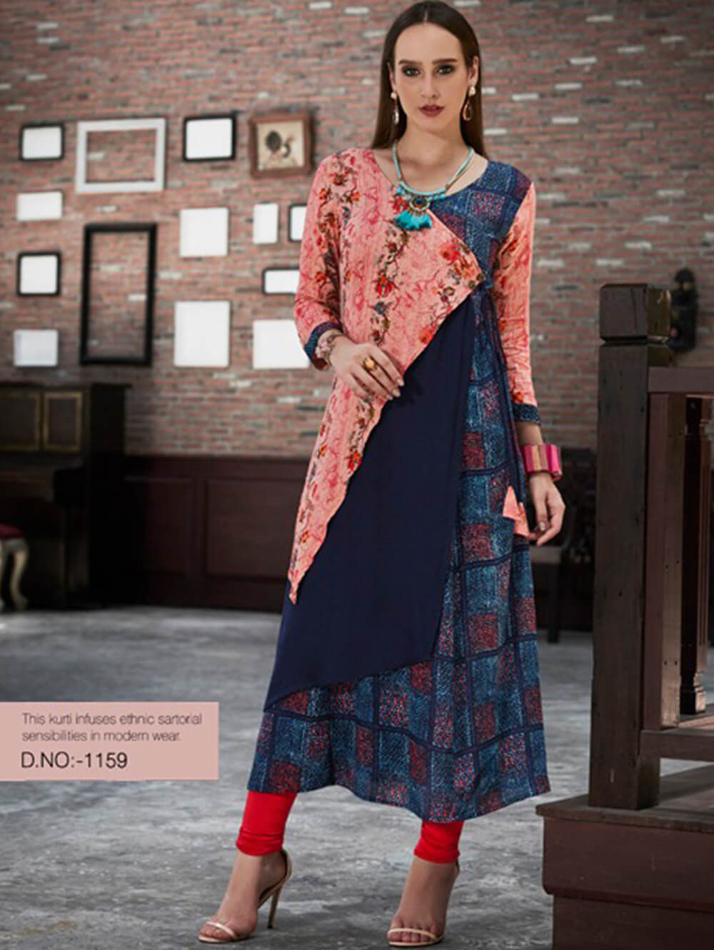 1159 Light Red and Blue Designer Gown Style Stitched Kurti