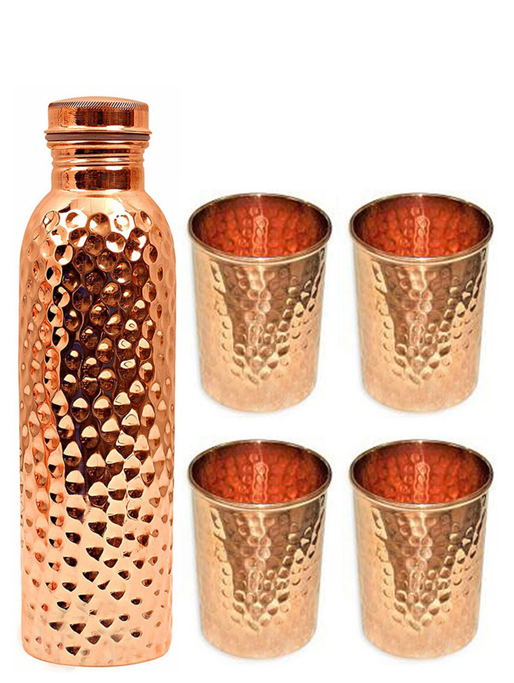 One Hammered Copper Bottle And Four Hammered Copper Glasses