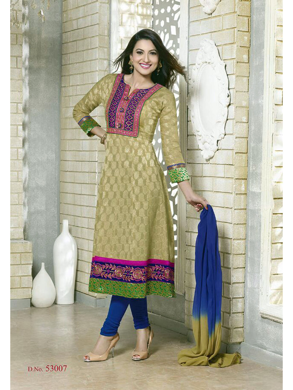 53007Stitched DarkKhaki and RoyalBlue Jacquard Anarkali Suit