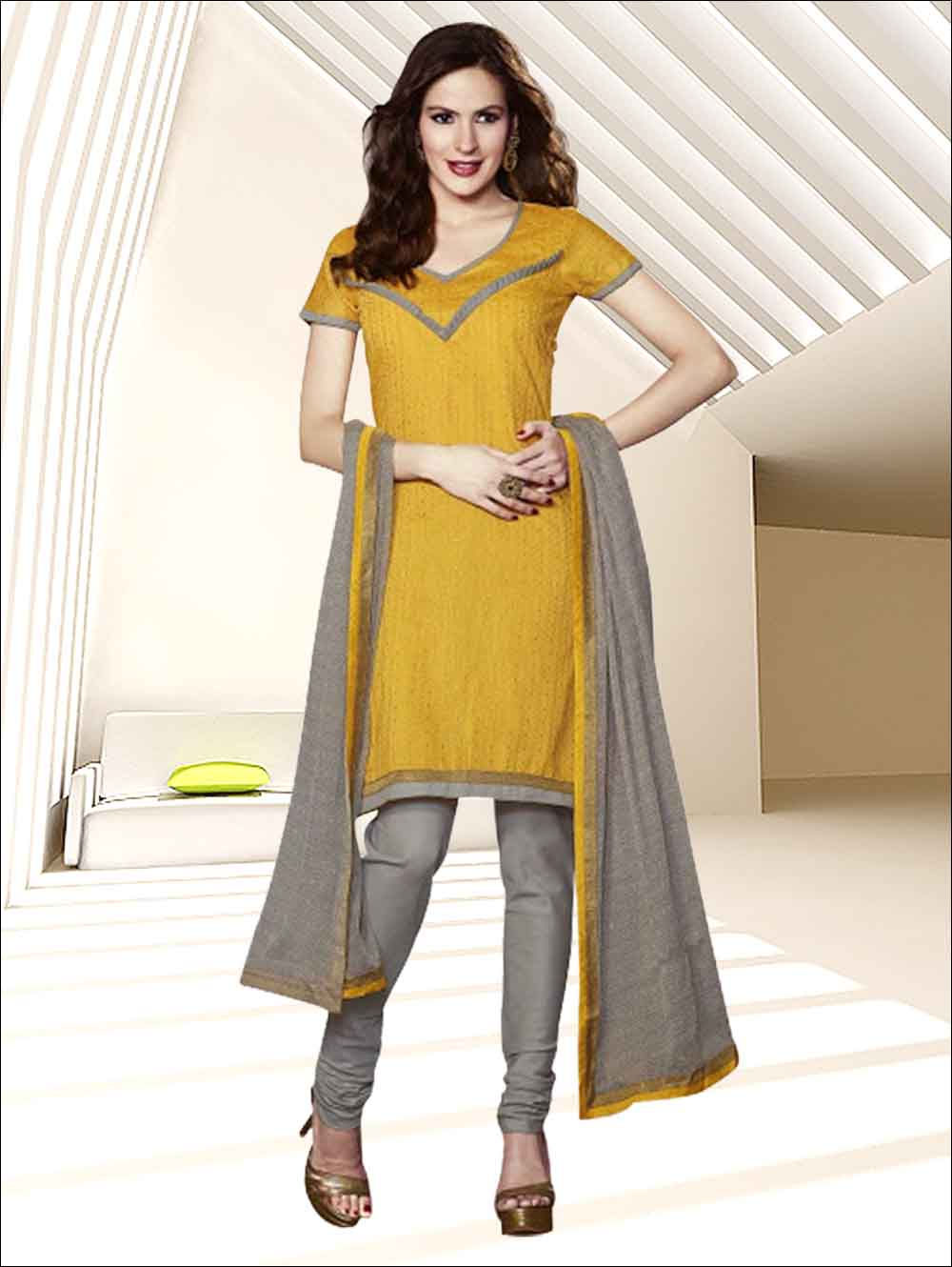 58002Yellow and Grey Chanderi Chudidar Suit