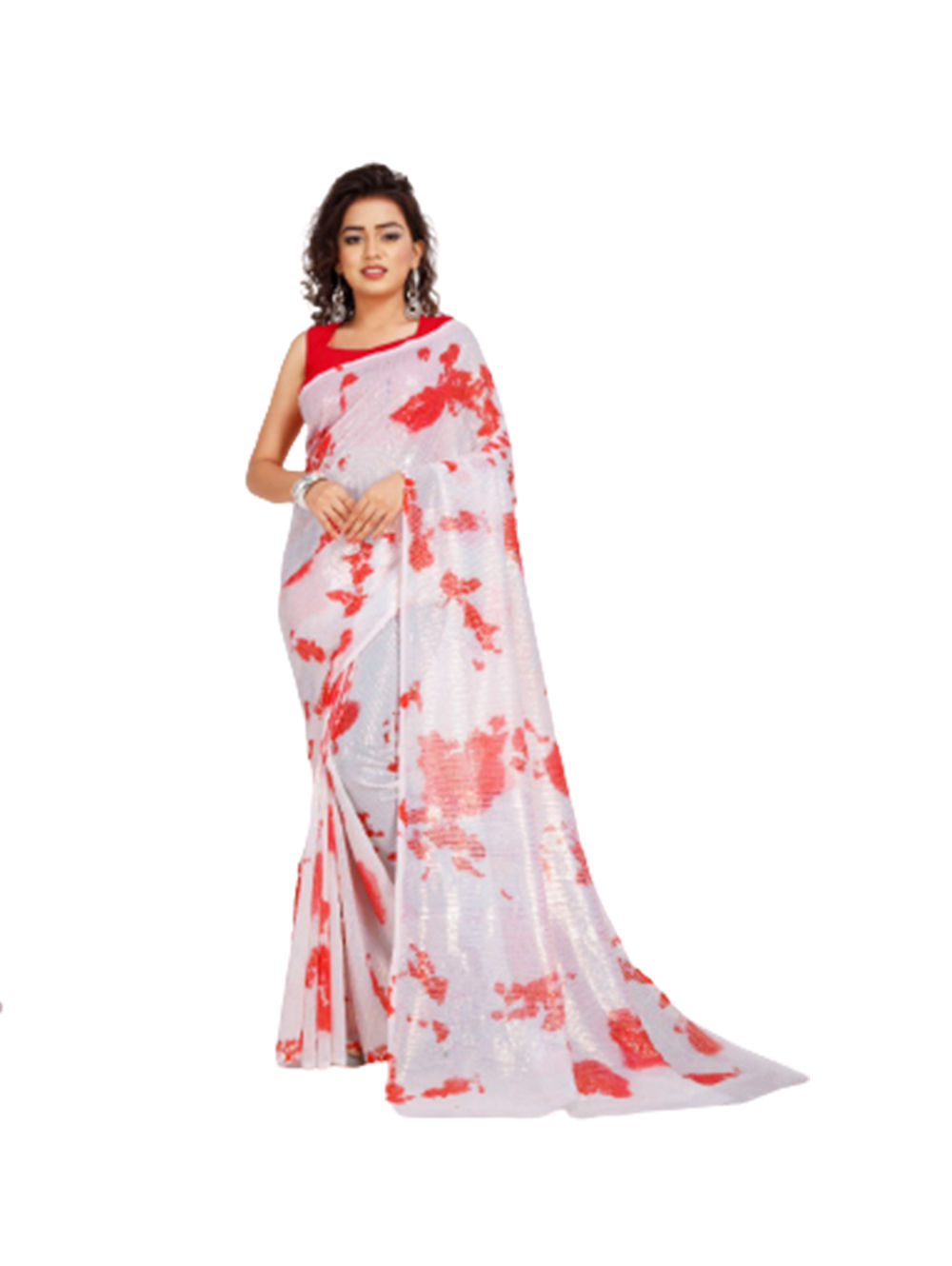 White And Saffron Georgette Digital Printed Saree