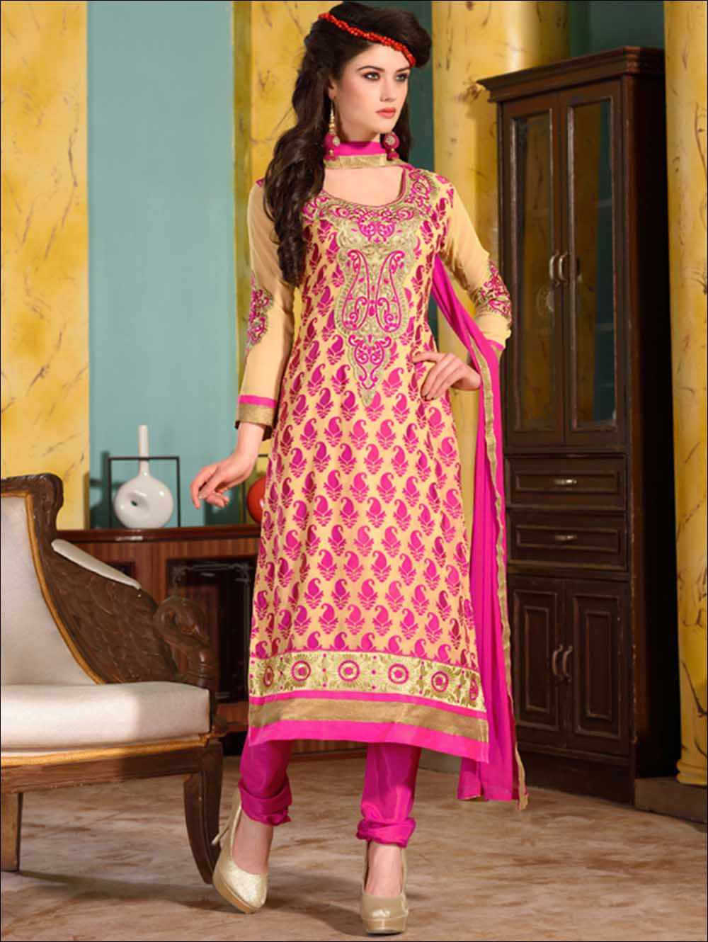 21016 Beige Designer Straight Suit