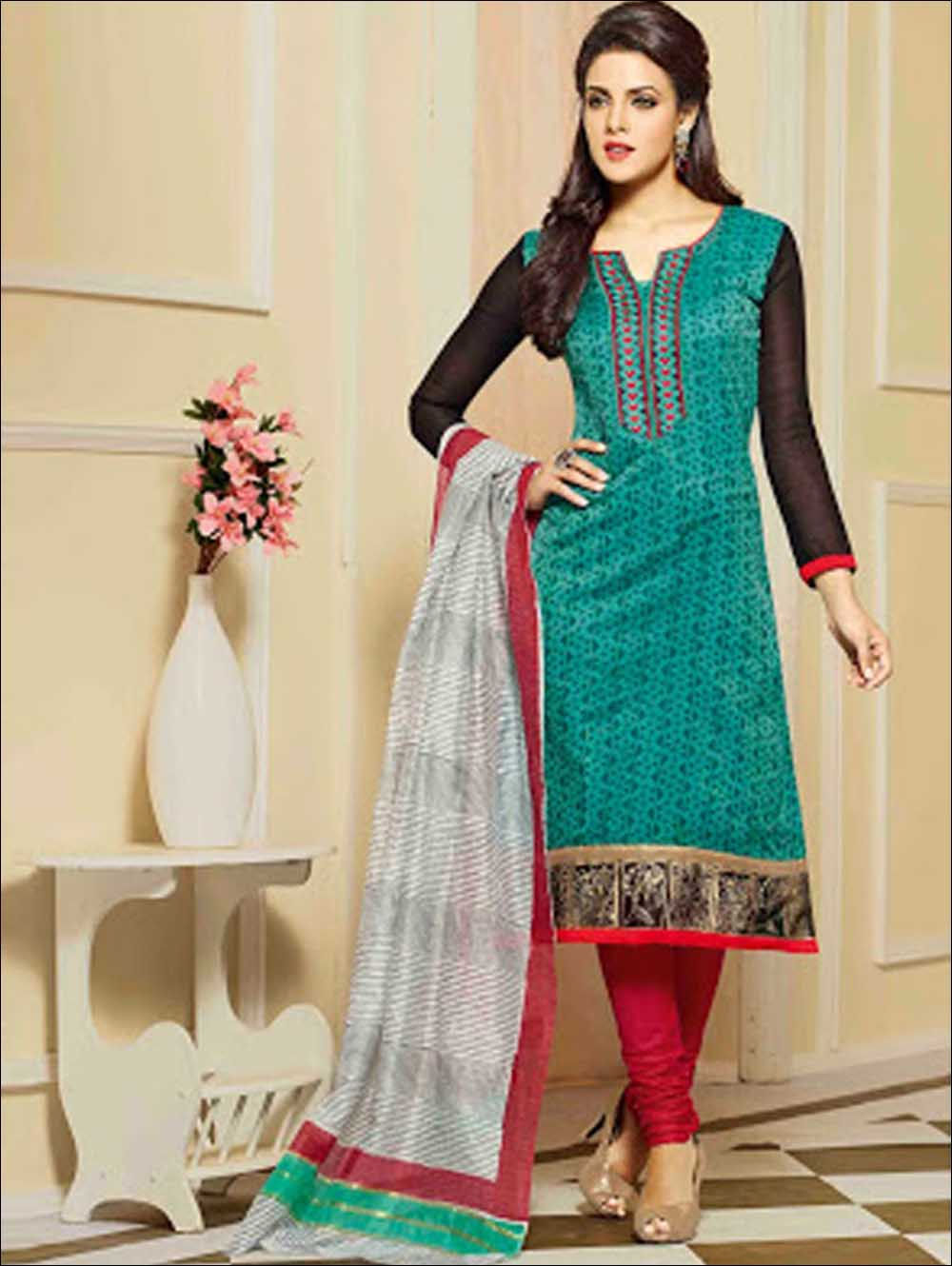 71010DeepSeaGreen and Red Chanderi Straight Suit