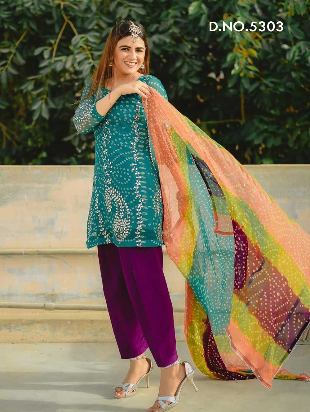 Sea Blue Bandhej Print Plazo Suit