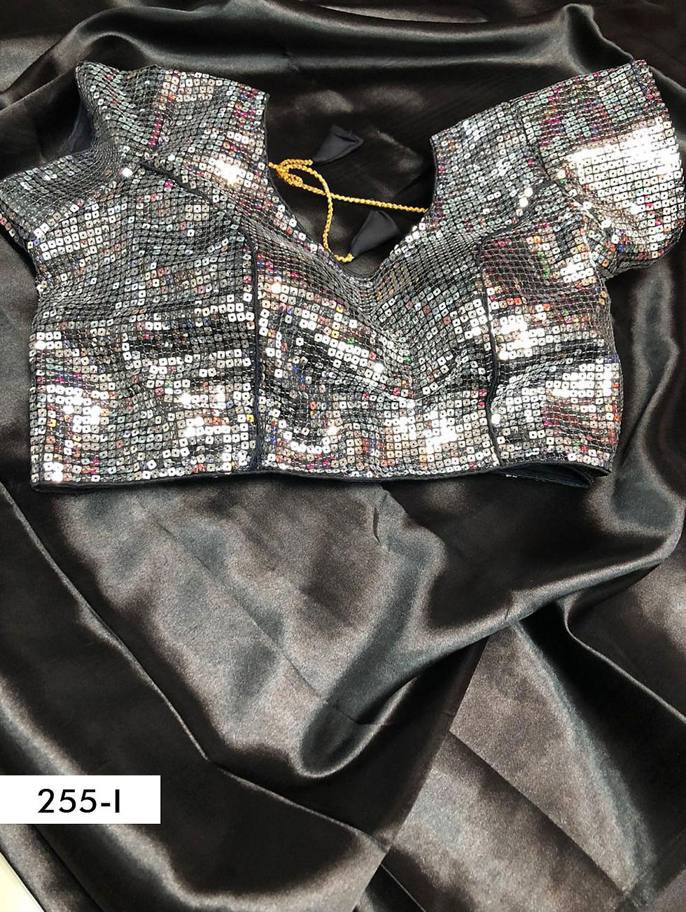 Dark Grey Satin Silk Saree With Partywear Readymade Sequence Blouse