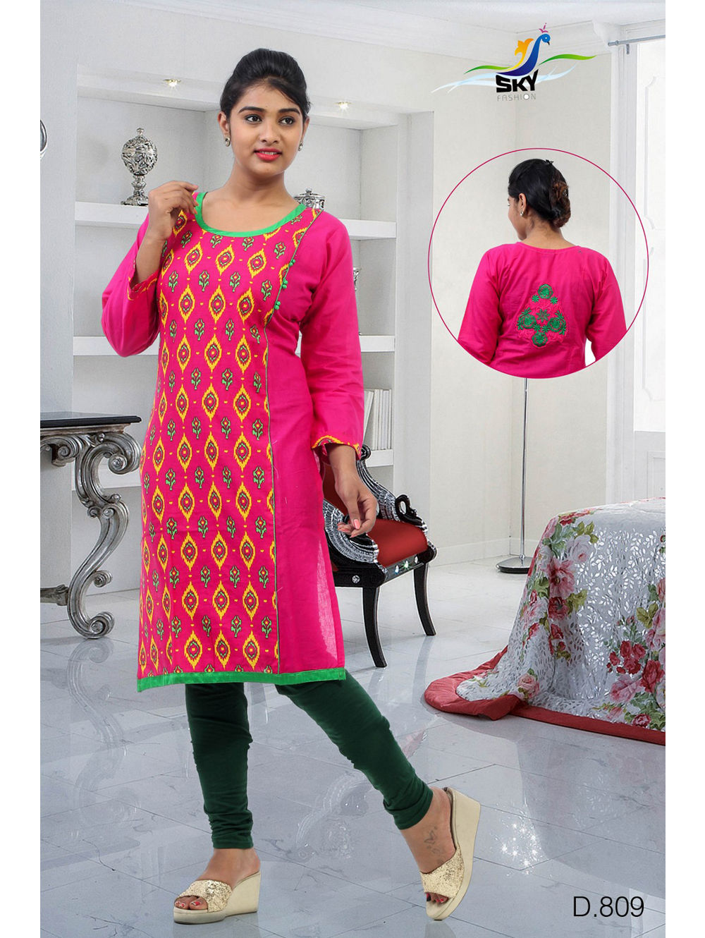 809 Pink and Yellow Cotton Printed Pattern with Embroidered Party Wear Kurti