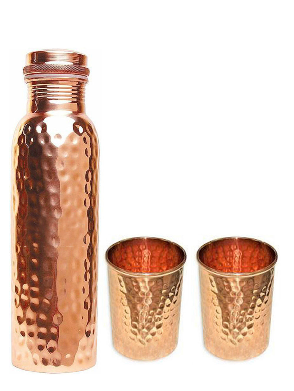 One Lacquire Hammered Copper Bottle And Two Hammered Copper Glass