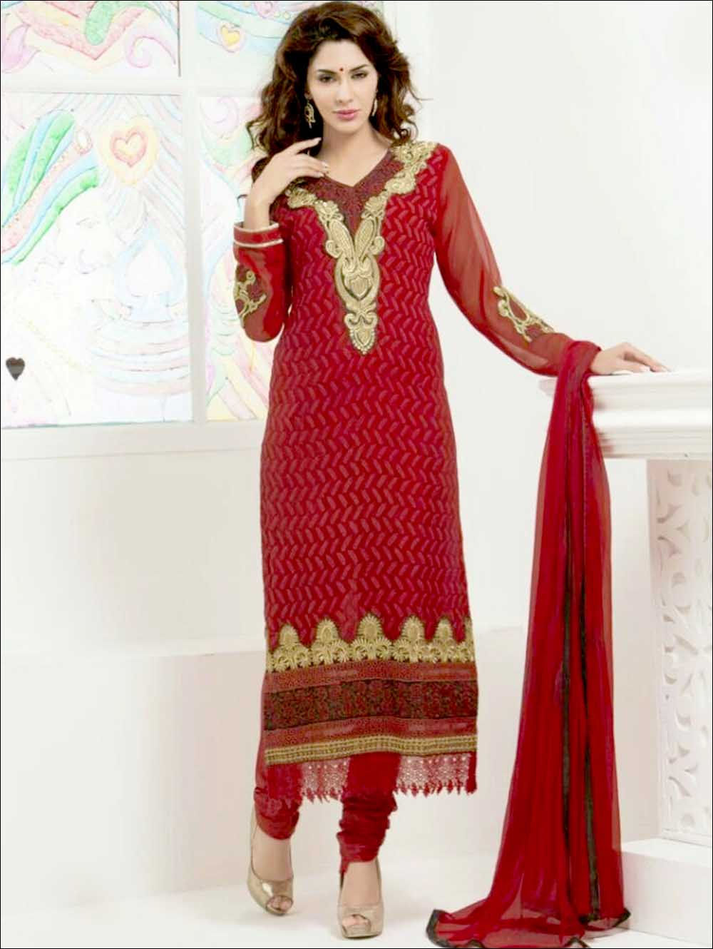 26006Maroon Red and Golden Straight Suit