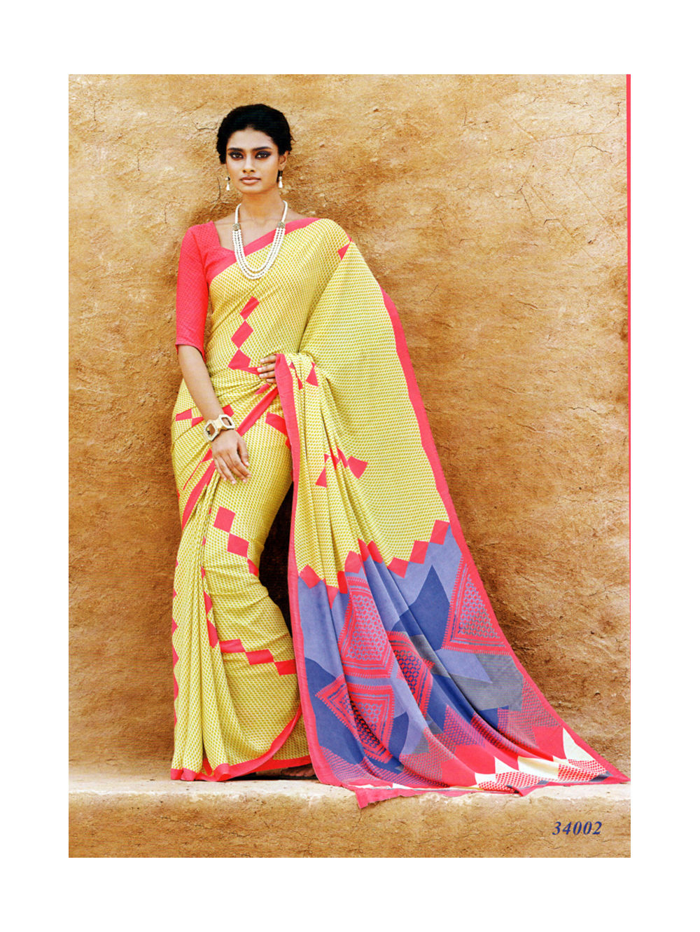 34002DarkPink and LightYellow Crepe Saree