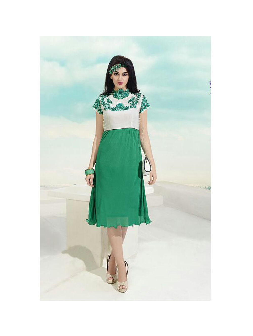 3010-Ivory and SeaGreen Georgette Embroidered Kurti