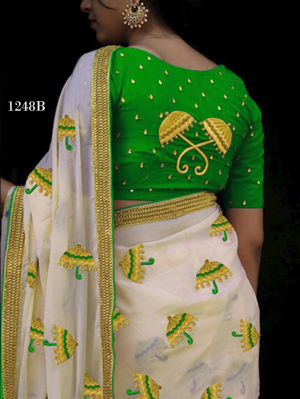 1248B Cream and Green Designer Chanderi Silk Saree