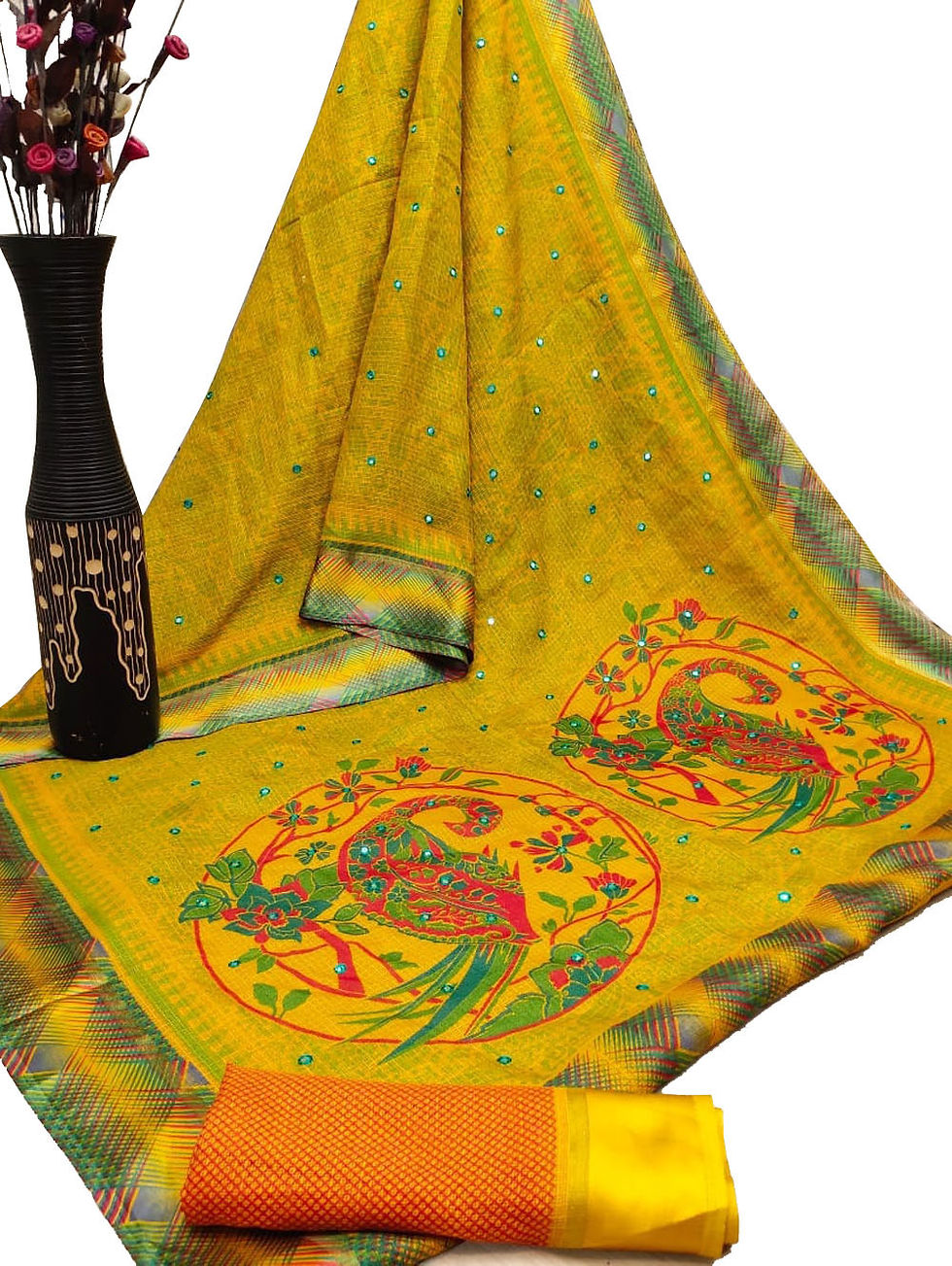 Yellow Cotton Checks Satin Patta Print Saree