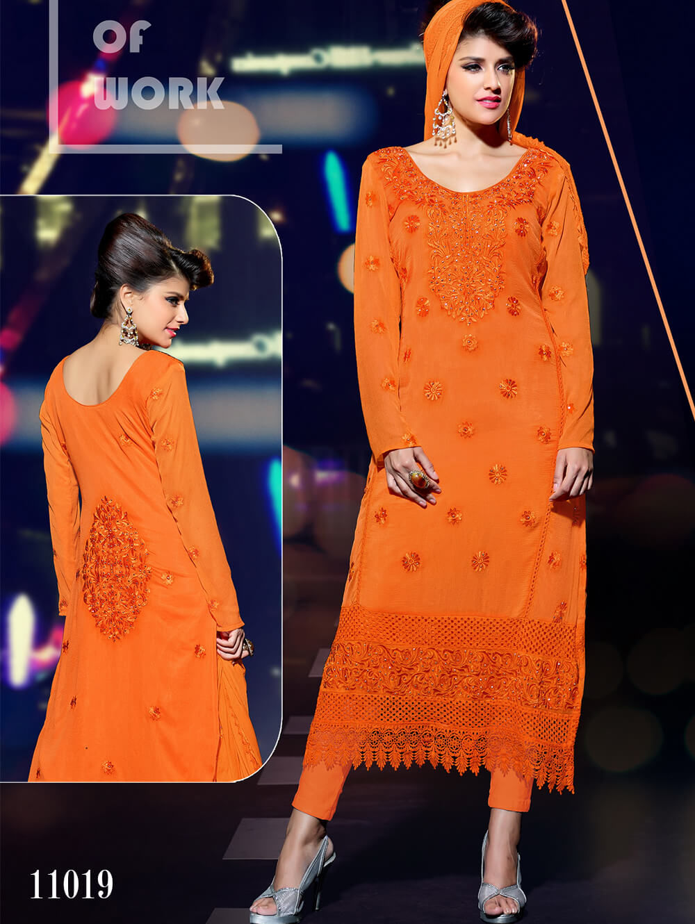 11019 Orange Designer Chiffon Straight Suit