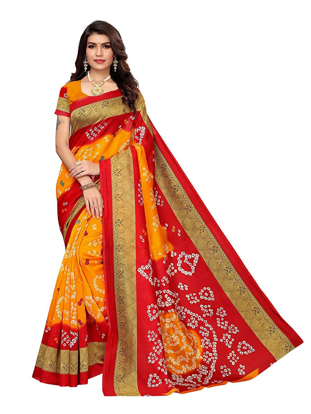 Orange Art silk Bandhani Saree