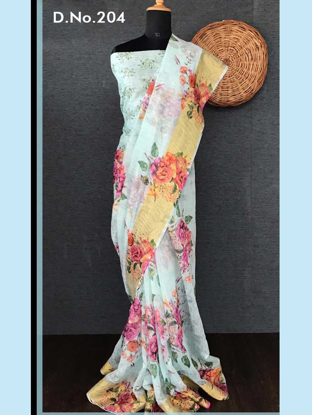 White Floral Printed Zari Border Saree