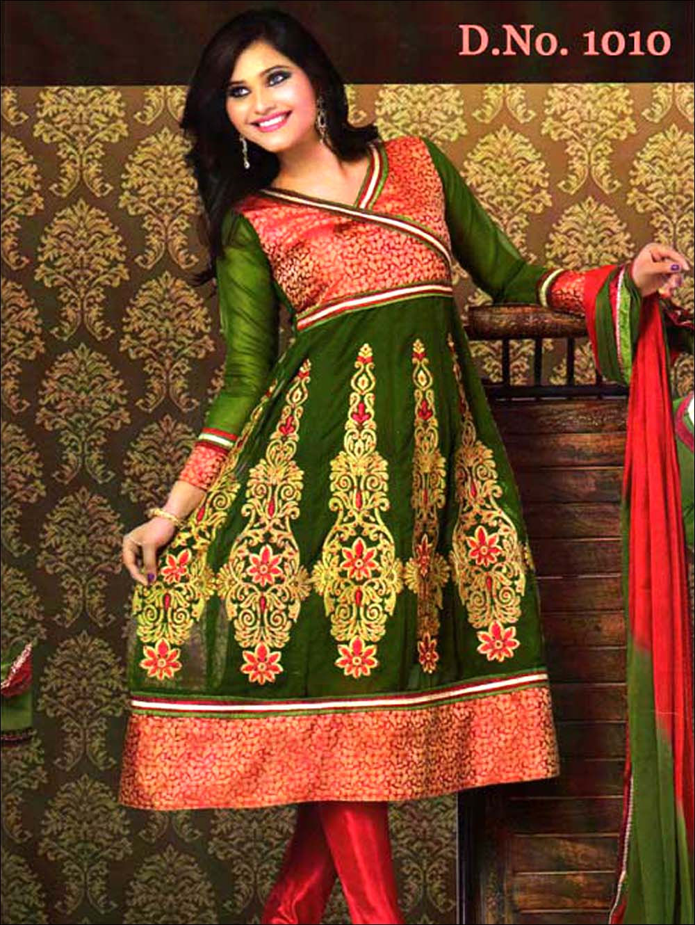1010 Dark Olive Green and Red Georgette Anarkali Suit