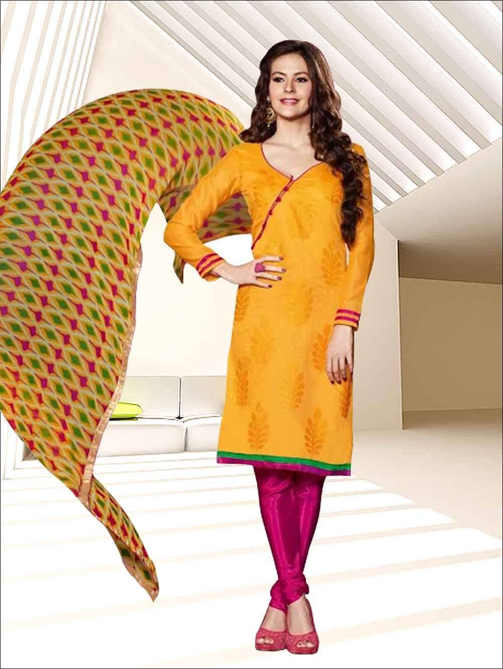 58007Turmeric Yellow and Pink Chanderi Chudidar Suit