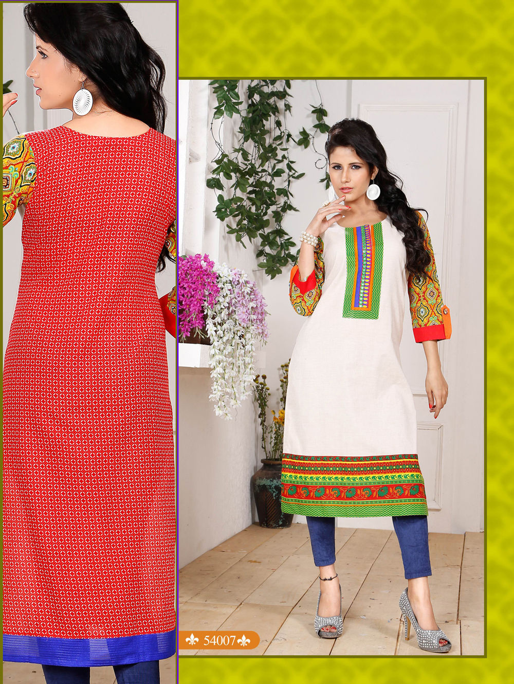 54007White and Green Embroidered Printed Cotton Party Wear Stitched Kurti