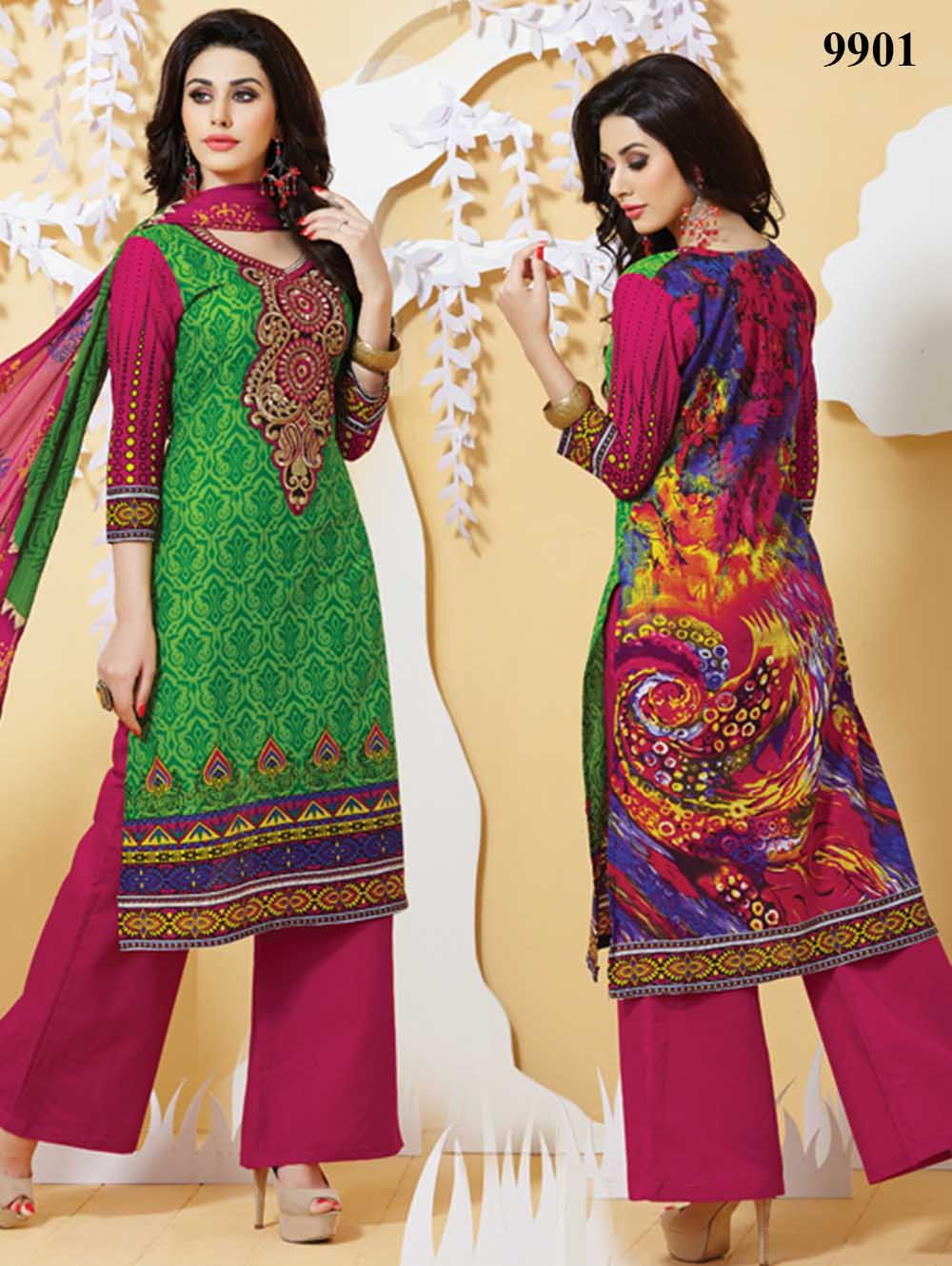 9901 Magenta and Green Cotton Salwar Suit