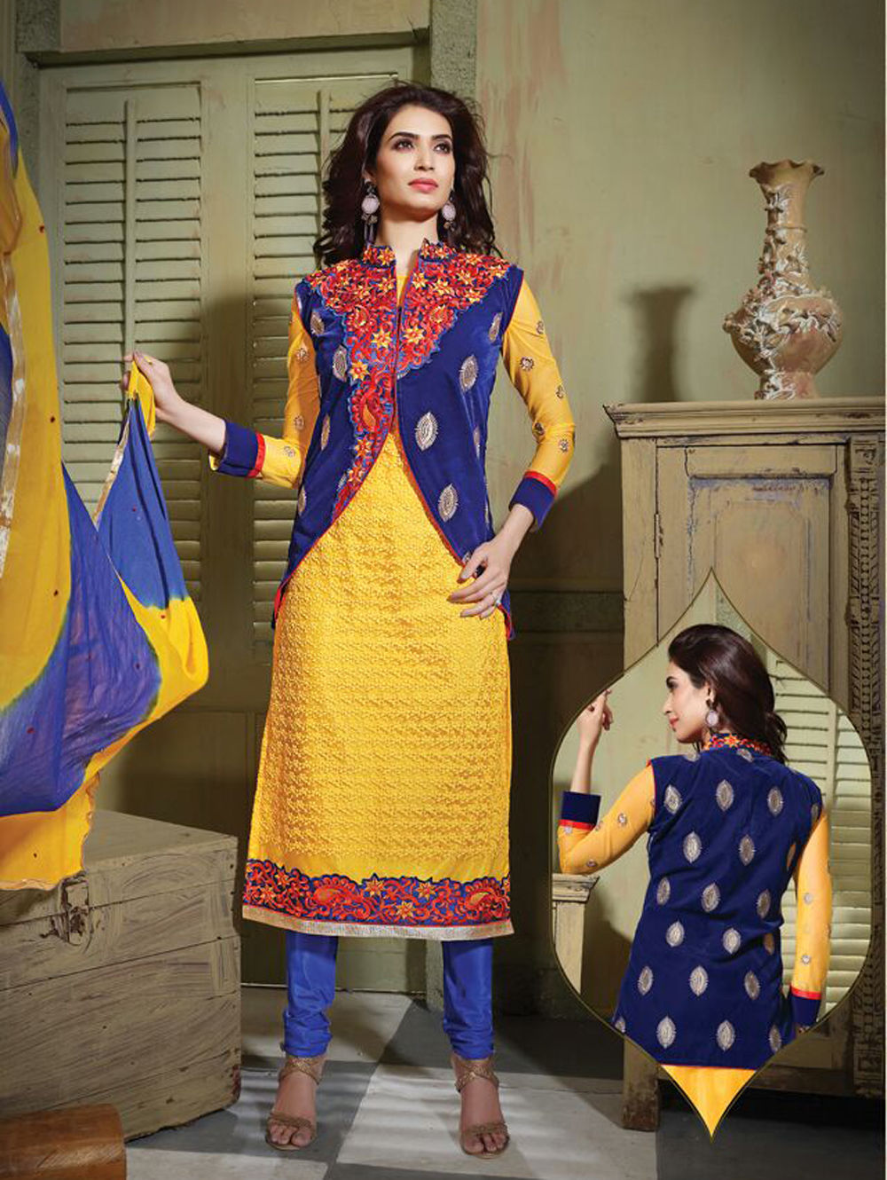 6103Yellow and RoyalBlue Party Wear Pure Nett Straight Suit