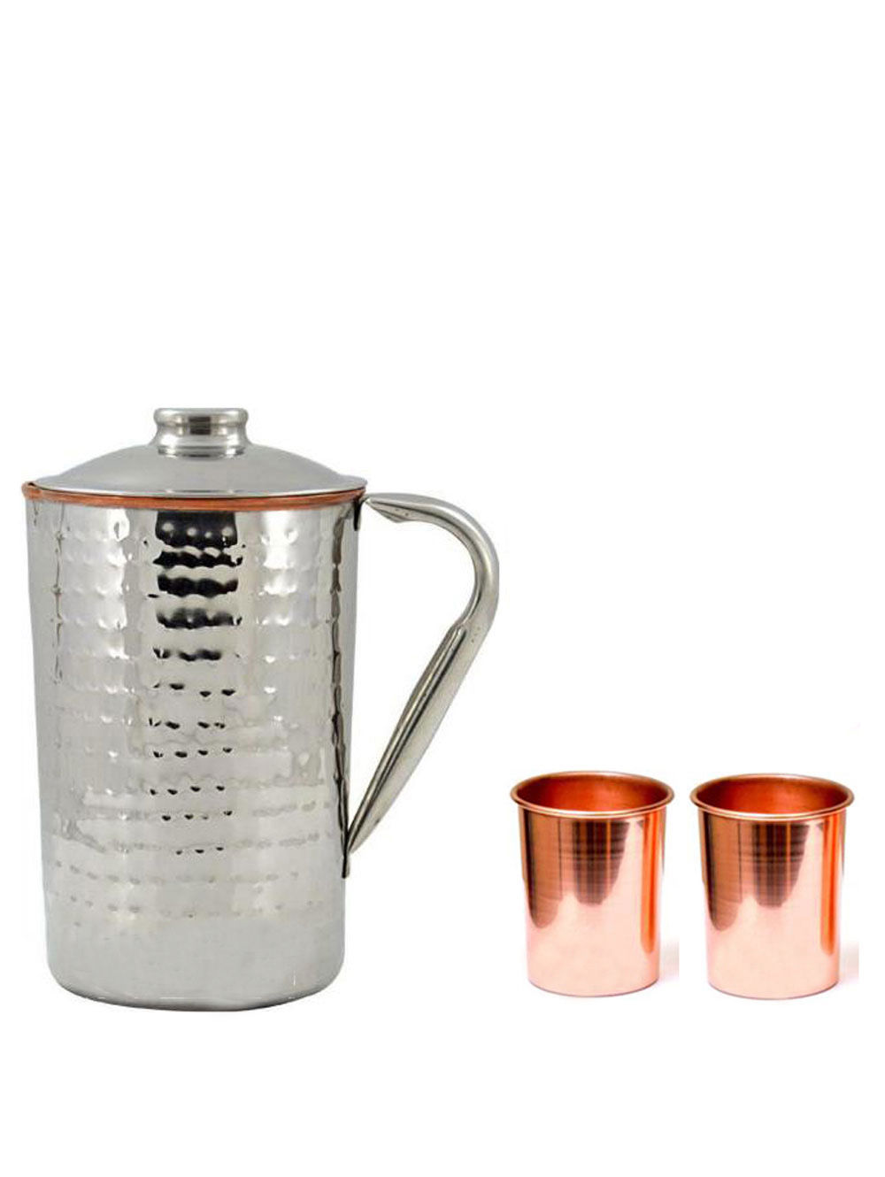 One Outside Steel Inside Copper Jug And Two Plain Copper Glasses