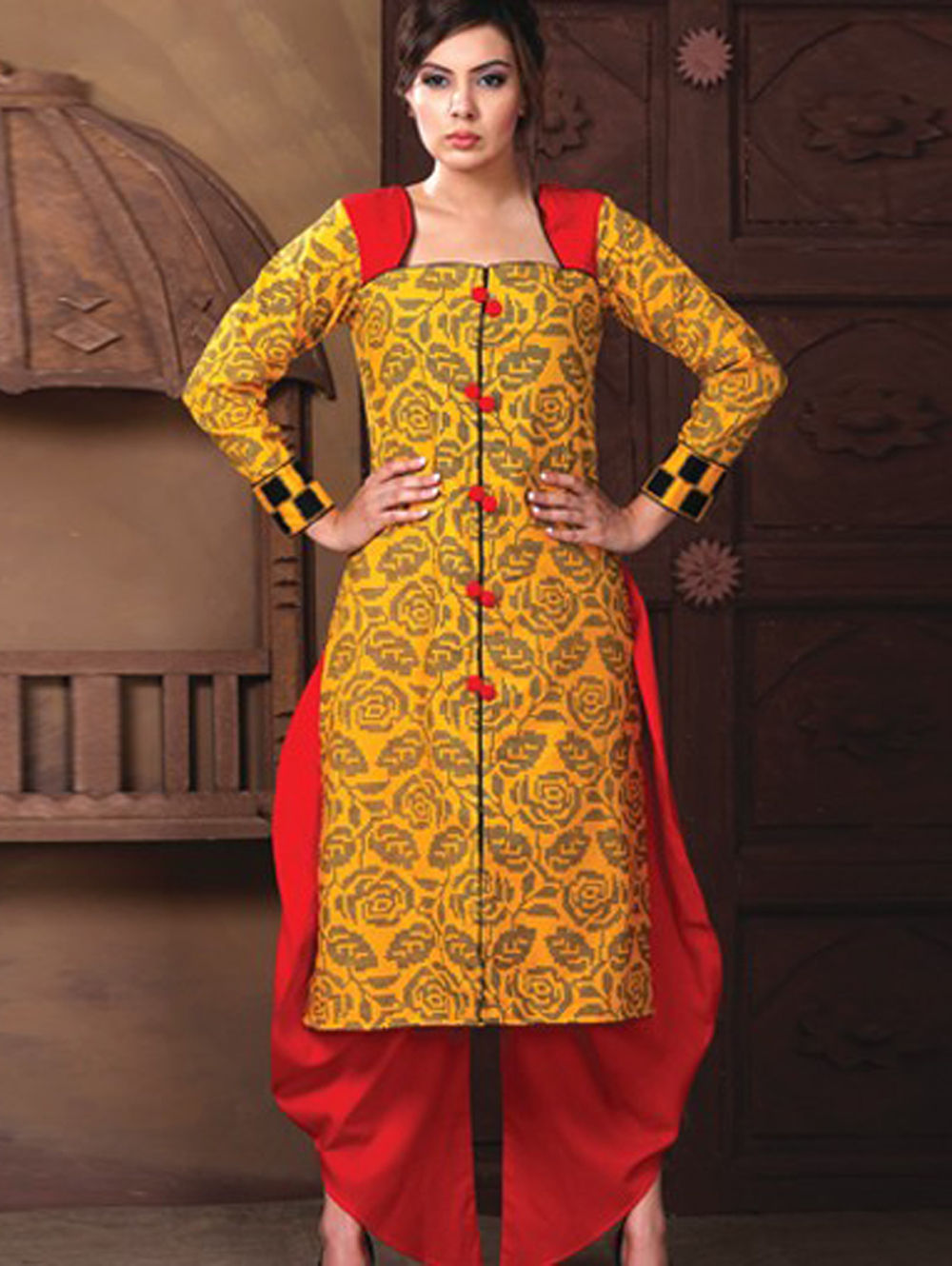 9Yellow and Red Cotton Satin Party Wear/Daily Wear Designer Suit
