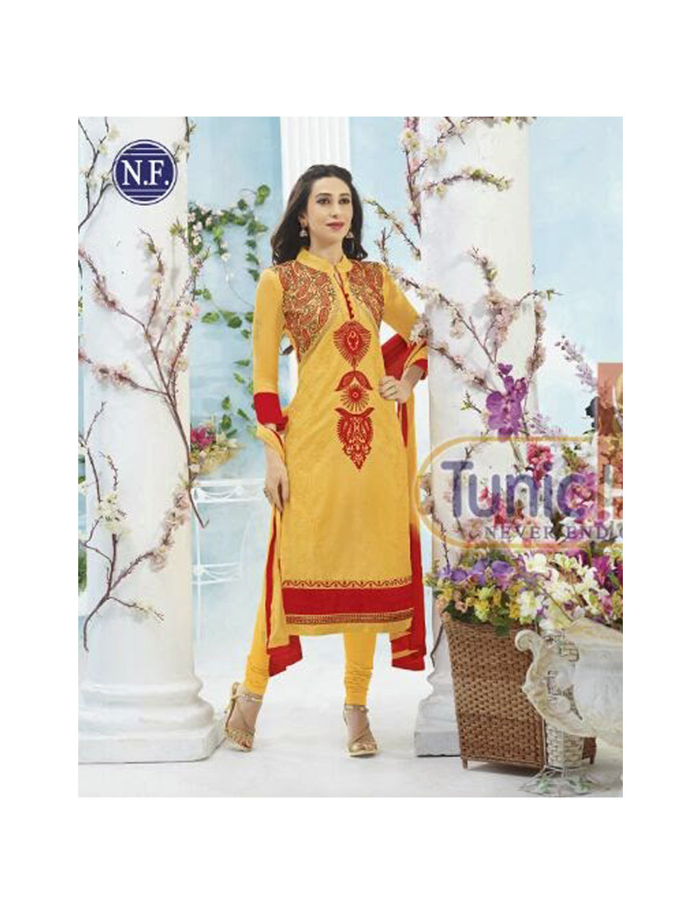 3001 Golden Yellow and Red Georgette Designer Suit